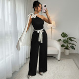 Women Summer Color Block Bow Ribbon Slash Shoulder Sleeveless Jumpsuit