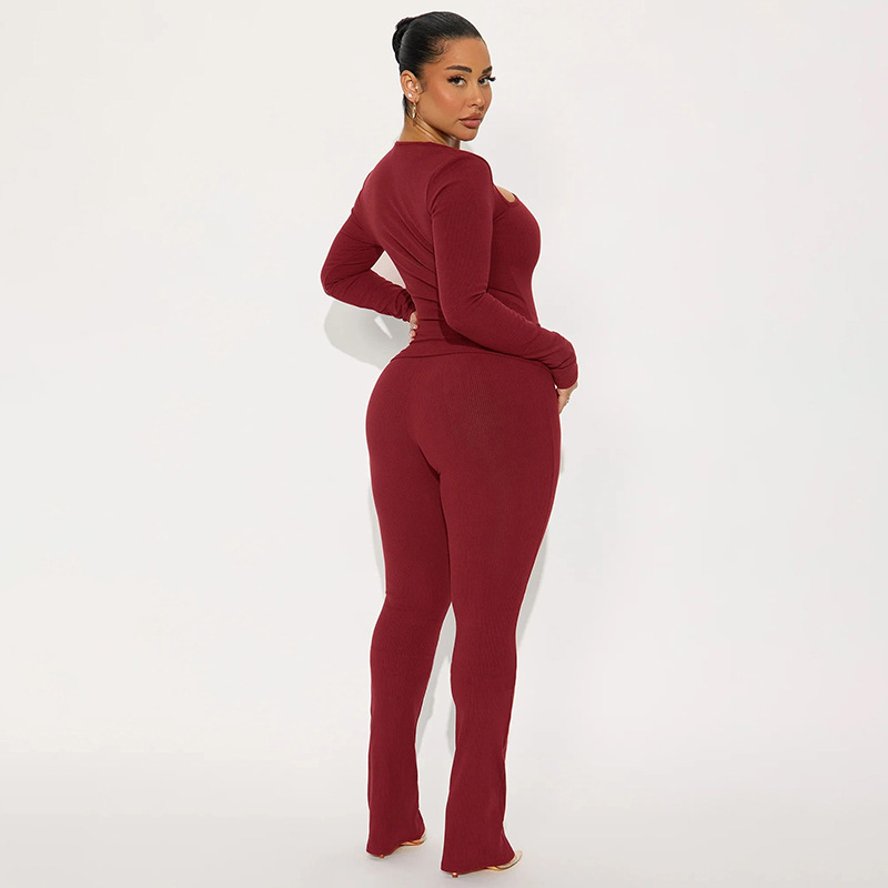 Women Casual Women Asymmetrical V-Neck Long Sleeve Top and Trousers Two-Piece Set