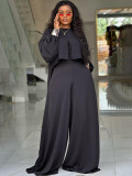 Women Autumn/Winter Round Neck Irregular Lantern Sleeve Top Wide Leg Pants Two-Piece Set