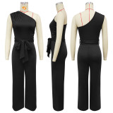 Women Sleeveless Slash Shoulder Solid Jumpsuit