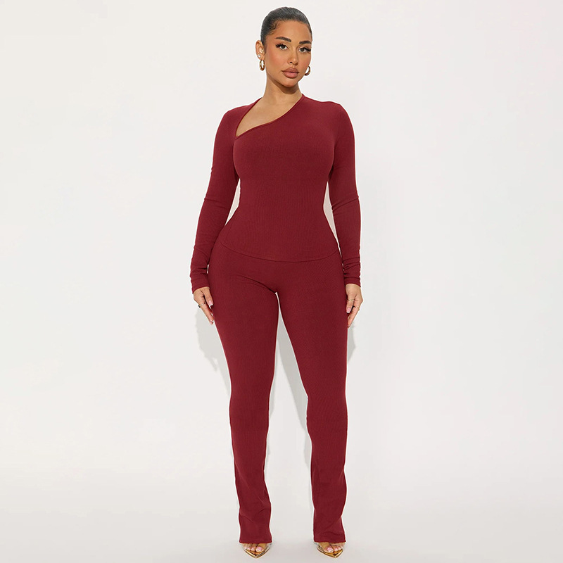 Women Casual Women Asymmetrical V-Neck Long Sleeve Top and Trousers Two-Piece Set