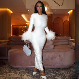 Women Autumn/Winter Round Neck Hollow-Out Furry Patchwork Long Sleeve Bodycon Maxi Dress