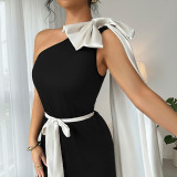Women Summer Color Block Bow Ribbon Slash Shoulder Sleeveless Jumpsuit