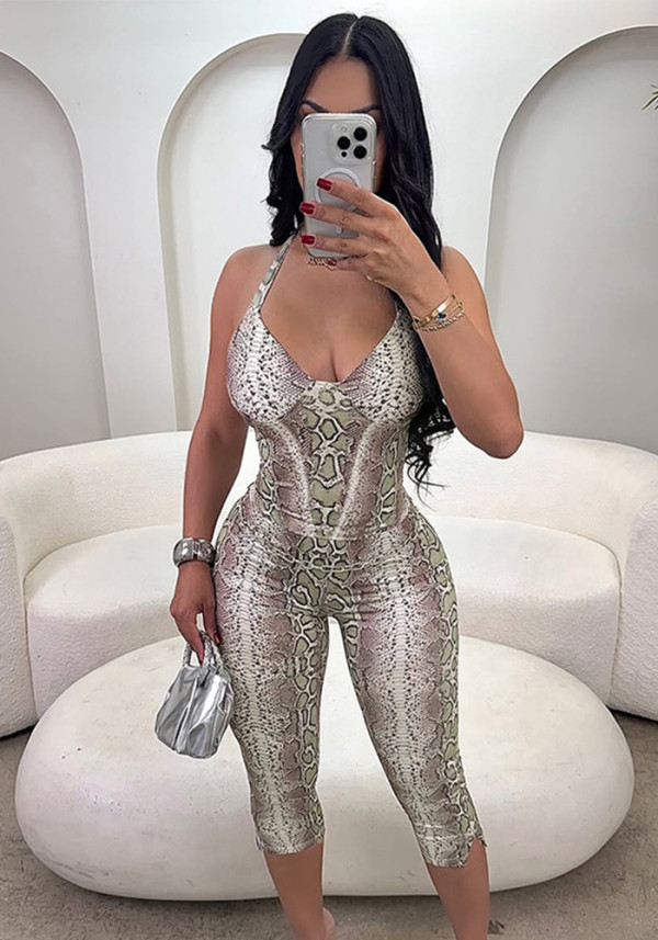 Women Autumn/Winter Elegant Sexy Sleeveless Snake Print Halter Jumpsuit