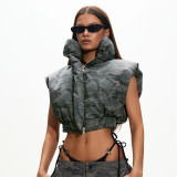 Women Autumn/Winter Camouflage Stand Collar Sleeveless Short Zipper Padding Vest