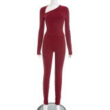 Women Casual Women Asymmetrical V-Neck Long Sleeve Top and Trousers Two-Piece Set