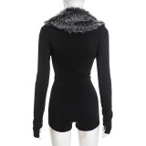 Women Autumn Solid Sexy Furry Neck V-Neck Long Sleeve Romper