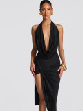 Women Spring Sexy V-Neck Solid Halter Neck Bodycon Dress