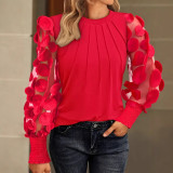 Women Casual Long-Sleeved Round Neck Patchwork Chiffon Shirt Top