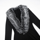 Women Autumn Solid Sexy Furry Neck V-Neck Long Sleeve Romper