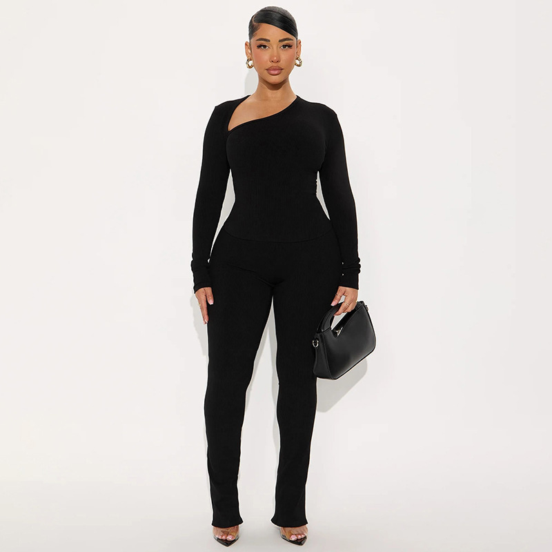 Women Casual Women Asymmetrical V-Neck Long Sleeve Top and Trousers Two-Piece Set
