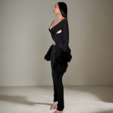 Women Autumn/Winter Sexy Hollow Out Patchwork Furry Jumpsuit