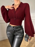 Women Elegant Casual Lantern Sleeve Turndown Collar Long-Sleeved Solid Shirt