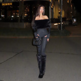 Women Autumn/Winter Off-Shoulder Sexy Furry Long Sleeve Jumpsuit