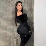 Women Autumn/Winter Off-Shoulder Sexy Furry Long Sleeve Jumpsuit