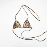 Women Leopard Print Ruffle Collar Bell Bottom Sleeve Top Bra and Skirt Three-Piece