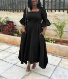 Plus Size Women Autumn/Winter Elegant Ruffle Sleeve Pocket Dress