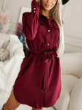 Women Autumn Turndown Collar Solid Tie-Waist Shirt Dress