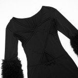 Women Autumn/Winter Sexy Hollow Out Patchwork Furry Jumpsuit
