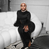 Women Autumn/Winter Round Neck Hollow-Out Furry Patchwork Long Sleeve Bodycon Maxi Dress