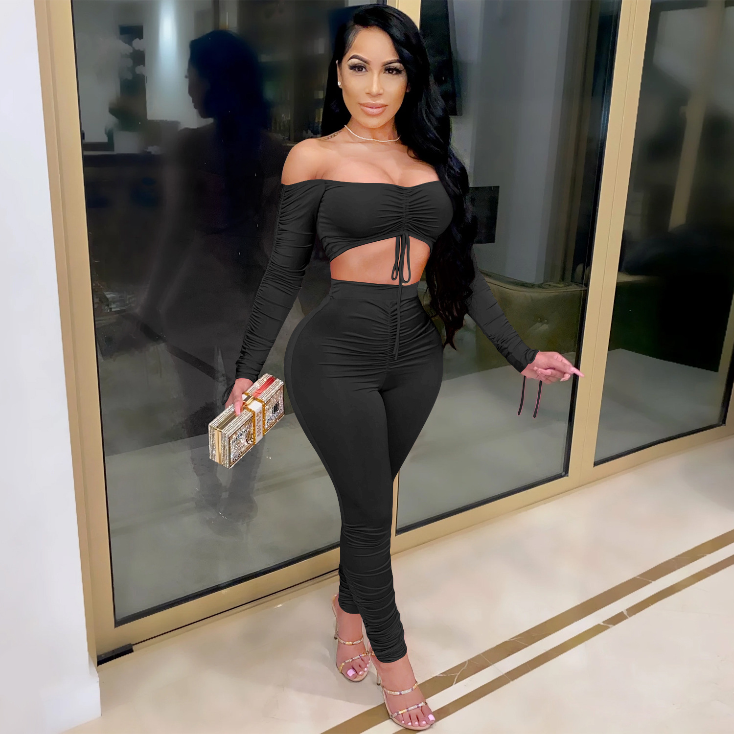 Women Grunge Sleeve Tie-up Top and Pant Two-piece Set