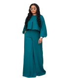 Women Autumn/Winter Round Neck Irregular Lantern Sleeve Top Wide Leg Pants Two-Piece Set