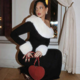 Women Autumn/Winter Sexy Fur Collar Patchwork Slash Shoulder Color Block Long Sleeve Dress