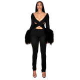 Women Autumn/Winter Sexy Hollow Out Patchwork Furry Jumpsuit