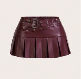 Women Pu Leather Pleated Skirt