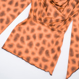 Women Autumn Ruffle Collar Leopard Print Pullover Ruffle Edge Bodycon Dress