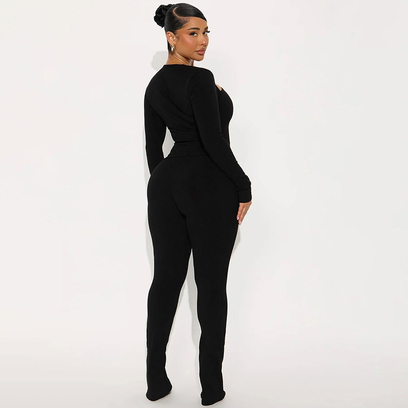 Women Casual Women Asymmetrical V-Neck Long Sleeve Top and Trousers Two-Piece Set