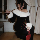 Women Autumn/Winter Sexy Fur Collar Patchwork Slash Shoulder Color Block Long Sleeve Dress