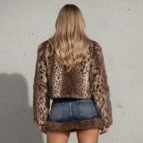 Women American Style Autumn/Winter Leopard Print Furry Turndown Collar Jacket