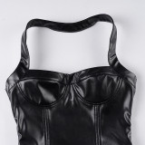 Women Sexy Pu-Leather Solid Basics Halter Neck Top