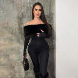 Women Autumn/Winter Off-Shoulder Sexy Furry Long Sleeve Jumpsuit