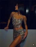 Women Belt Jewelry Body Chain Top and Skirt Two-piece Set