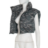 Women Autumn/Winter Camouflage Stand Collar Sleeveless Short Zipper Padding Vest