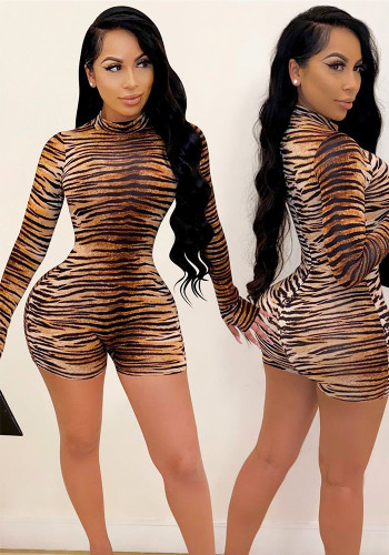 Women Sexy Long-Sleeved Leopard Print Jumpsuit