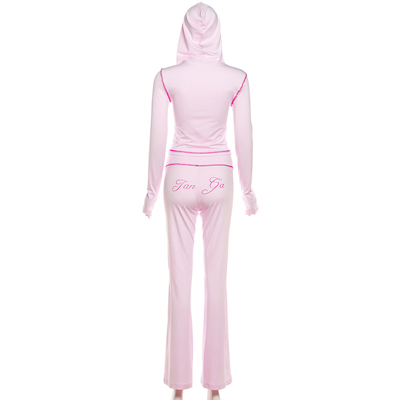 Women Autumn/Winter Solid Zipper Crop Top and Pant Casual Two-Piece Set