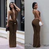 Women Sexy Solid Backless Top and Pants Two-piece Set