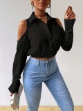Women Off-Shoulder Hollow-Out Turndown Collar Long-Sleeved Top Shirt