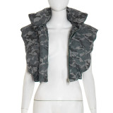 Women Autumn/Winter Camouflage Stand Collar Sleeveless Short Zipper Padding Vest