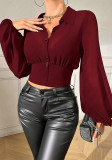 Women Elegant Casual Lantern Sleeve Turndown Collar Long-Sleeved Solid Shirt