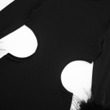 Women Autumn/Winter Round Neck Hollow-Out Furry Patchwork Long Sleeve Bodycon Maxi Dress