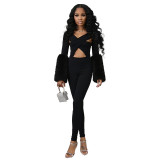Women Autumn/Winter Sexy Hollow Out Patchwork Furry Jumpsuit