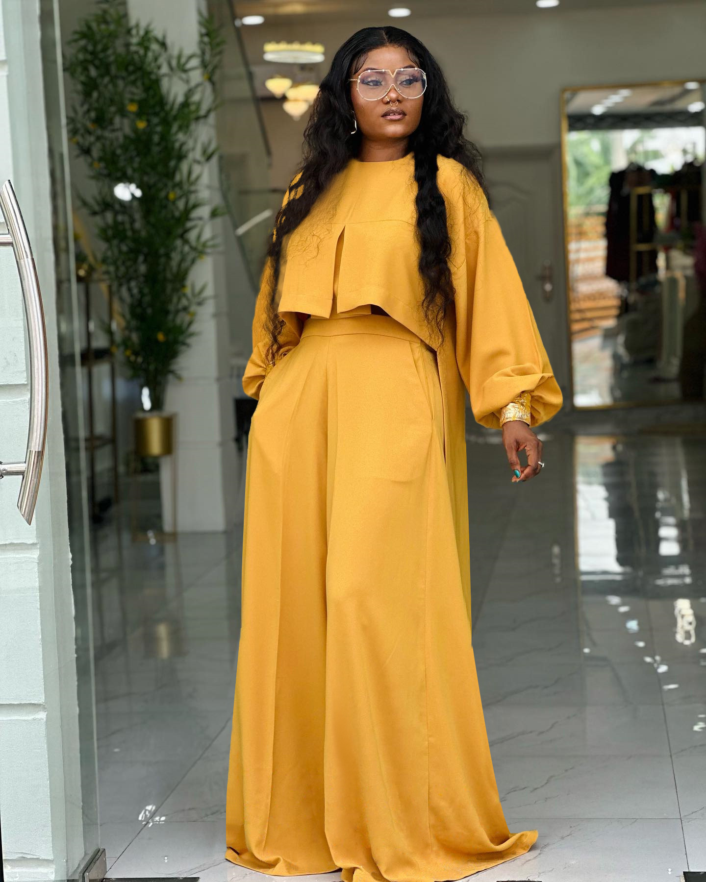 Women Autumn/Winter Round Neck Irregular Lantern Sleeve Top Wide Leg Pants Two-Piece Set