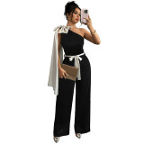 Women Summer Color Block Bow Ribbon Slash Shoulder Sleeveless Jumpsuit