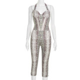 Women Autumn/Winter Elegant Sexy Sleeveless Snake Print Halter Jumpsuit