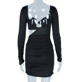 Women Solid Long-Sleeved Sexy Hollowed-Out Bodycon Dress