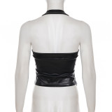 Women Sexy Pu-Leather Solid Basics Halter Neck Top